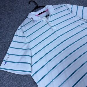 RLX Ralph Lauren Mens XL Golf Polo Shirt Striped White Green Blue Performance